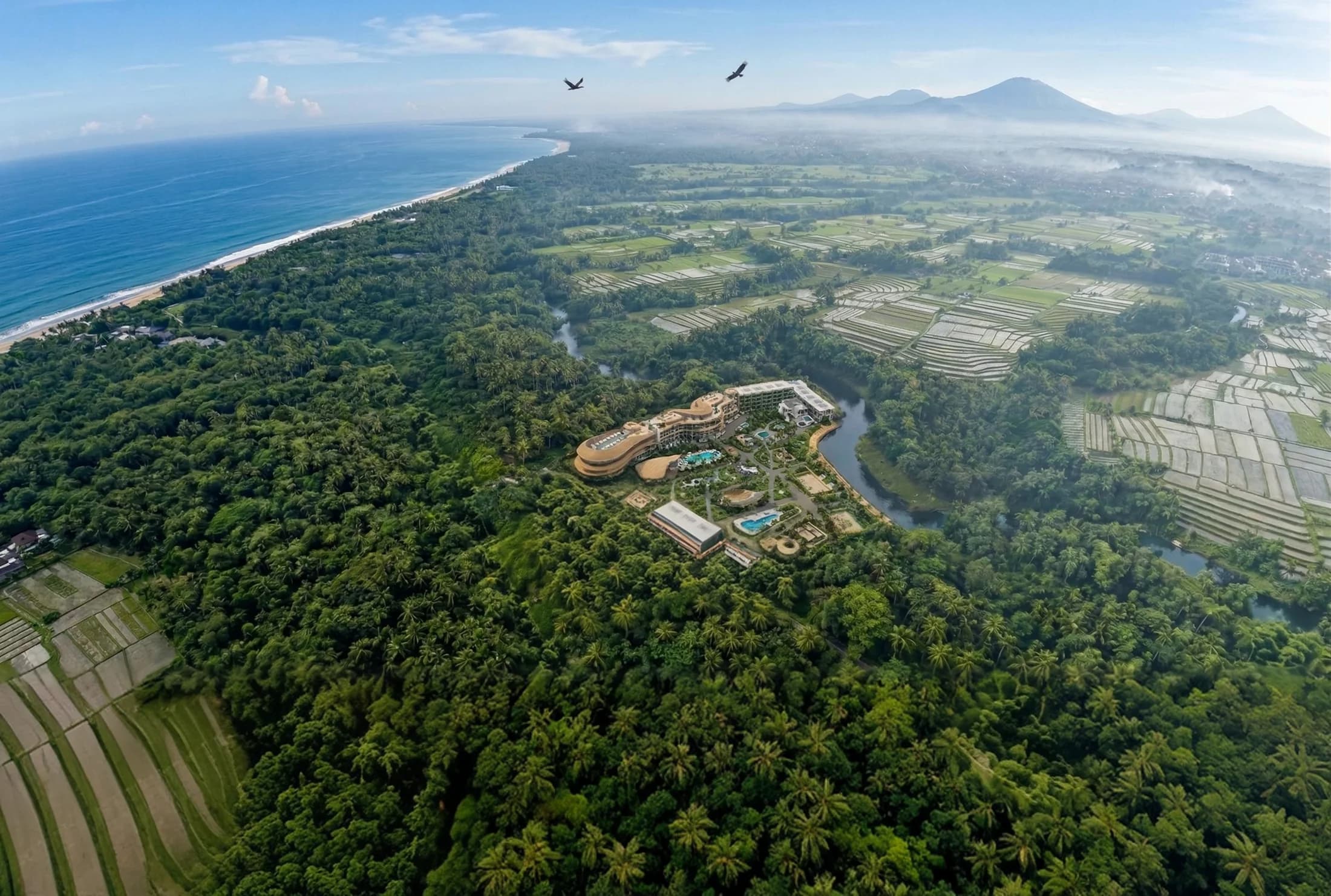 Luftbild von ELYSIUM Eco City, Pererenan und dem Ozean